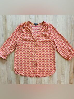 NYDJ Floral Sunburst Flower Blouse 3/4 Sleeve Orange Red Top Shirt Small S